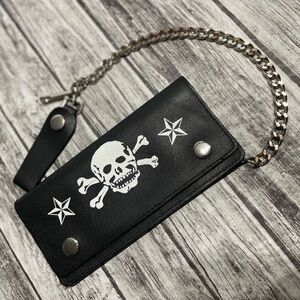 Hot Topic Skull & Crossbones Genuine Leather Biker Wallet with Chain Jolly Roger